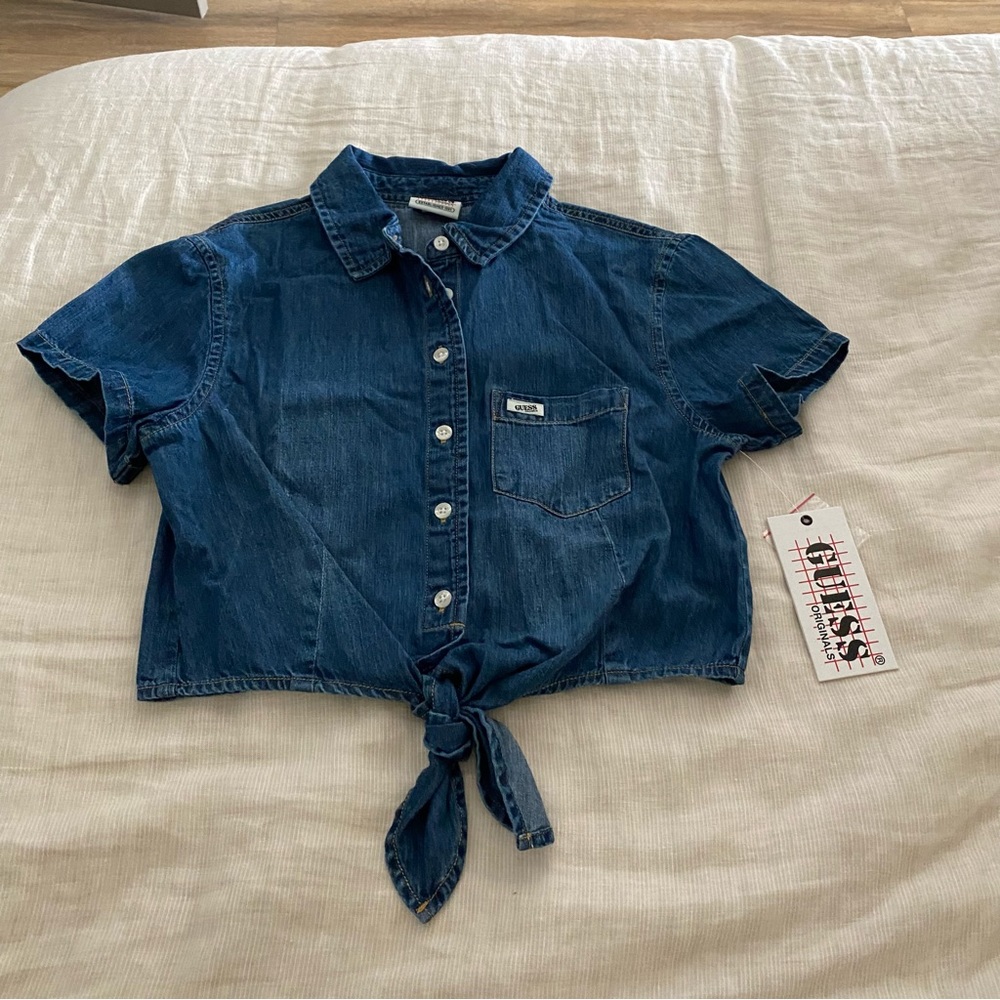 guess cropped denim tie top